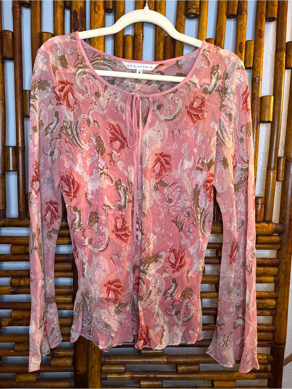 MAX STUDIO pink floral paisley Fairly flowy sheer belle sleeve blouse silk y2k